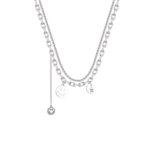 Collana a doppio strato in acciaio inossidabile con ciondoli smiley e I Love You