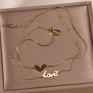 Layered Heart Anklet Women Stainless Steel Love Letter Snake Bone Chain Elegant Jewelry Adjustable Non Fading