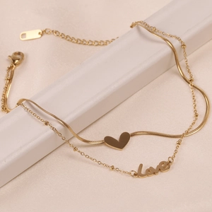 Double-layered gold heart anklet with snake chain and love script pendant jewelry