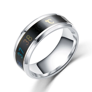 Minimalist smart temperature sensor ring with black digital display on silver band