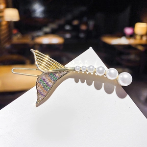 Fishtail Hair Clip Alloy Colorful Rhinestone With White Imitation Artificial Pearl Elegant Side Barrette Hairpin For Women