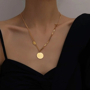 Toggle Clasp Asymmetric Chain Necklace Stainless Steel Gold Plated Coin Pendant Beloved Retro Hip Hop Jewelry Women