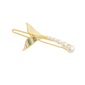 Elegant gold fishtail hair clip with colorful rhinestones and white pearls on white background