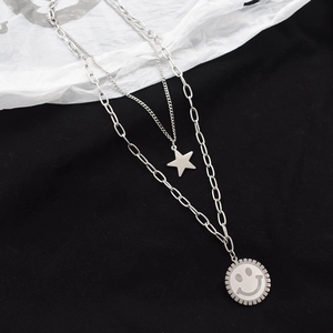 Double-layered hip hop necklace with star pendant and smiley face charm in silver finish