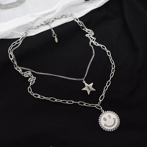 Layered Necklace Stainless Steel Star And Smiley Face Pendant Hip Hop Streetwear Punk Style Jewelry For Men Women