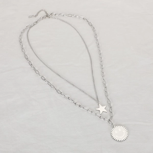 Hip hop silver layered necklace with smiley face and star pendants on paperclip chain