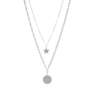 Silver layered necklace with star pendant and smiley face charm for hip hop style