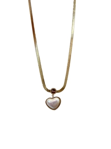 Elegant gold snake chain necklace featuring a Love disc and heart-shaped pearl pendant
