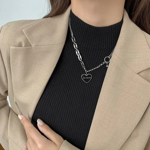 Silver heart pendant necklace with Forever engraving and stylish patchwork chain for women