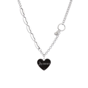Asymmetric stainless steel necklace with coffee bean links and a black Forever heart charm