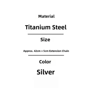 Technical specs for titanium steel necklace showing length of 42cm plus 5cm extension chain