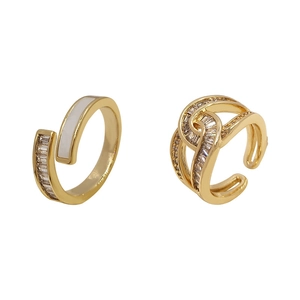 Luxury gold plated adjustable rings with sparkling zircon crystals and shell inlay