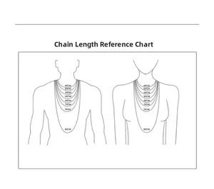 Size chart showing necklace chain lengths from 45cm to 90cm on a body silhouette