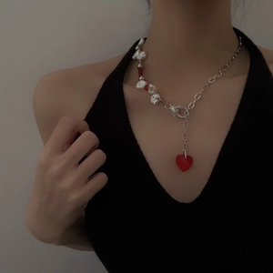 Heart Crystal Pendant Necklace With Baroque Imitation Artificial Pearl And Titanium Steel Chain For Women Y2K Style
