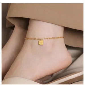 Vintage Titanstahl Fußkettchen Für Damen Minimalistischer Quadratischer Anhänger Good Luck Briefing Fußschmuck