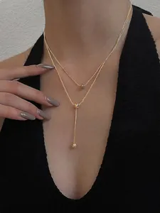 Double Layered Necklace Titanium Steel Gold Plated Snake Chain Y-Shaped Minimalist Beads Jewelry For Women Elegant
