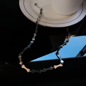 Titanium steel bone link necklace with high-polish silver finish on a sleek black surface