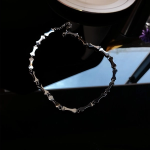 Detail of silver bone link necklace with adjustable lobster clasp on black background