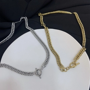Chunky titanium steel Cuban chain necklace with OT toggle clasp in gold and silver finish