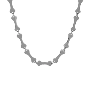 Minimalist silver titanium steel bone shaped link necklace for women on white background