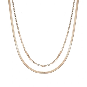 Double-layered gold-tone necklace with minimalist box chain and textured snake chain