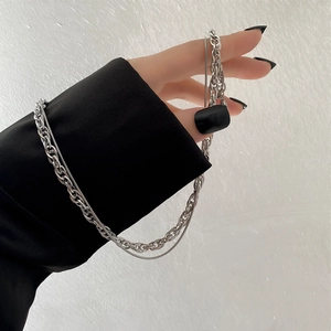 Minimalist double layer silver stainless steel necklace with snake and curb chain