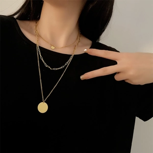 Layered Stainless Steel Necklaces With Round Disc Coin Pendant And Paperclip Chain Minimalist Trendy For Women
