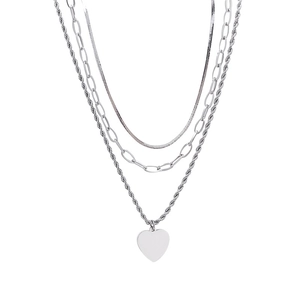 Three-layer silver stainless steel heart pendant necklace with layered chain design