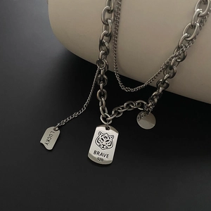 Tiger Head Pendant Necklace Double Layer Stainless Steel Brave Lucky Engraved Hip Hop Streetwear Jewelry For Men Women