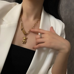 Collier Pendentif Ours Acier Inoxydable Grosse Chaîne 3D Animal Gravé Punk Hip Hop Bijoux
