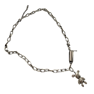 Collier avec pendentif ours argenté style punk et gravures Peace et Love