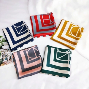Women Fashion Satin Square Scarf Geometric Stripe Letter Print Bandana Elegant Professional Neck Tie Hair Scarf Head Wrap
