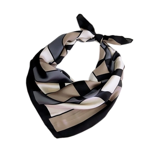 70cm geometric color block silk scarf with elegant satin finish in a stylish knotted style