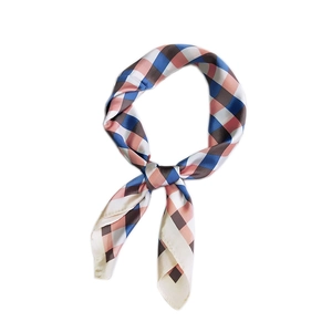 Elegant multi-color gingham checkered silk square scarf tied in a neat ring knot style