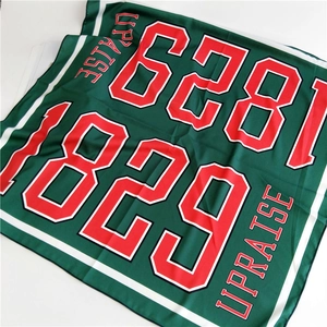 Green silk square scarf with red 1829 sports numbers and upraise typography print