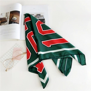 Dark green silk square scarf with red number 11 print and fashion accessories