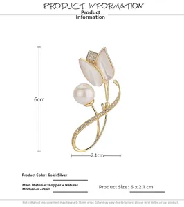 Details der Tulpenbrosche Größe 6x2,1 cm mit Perlmutt und Zirkonsteinen im Gold