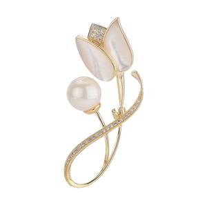 Eleganter Gold-Tulpen-Anstecknadel mit Perlmutt-Blütenblättern und weißer Perlenverzierung