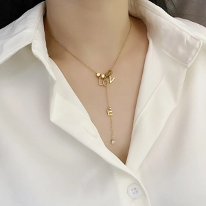 Elegant LOVE Letter Y-Shape Necklace For Women Titanium Steel Long Fringe Pendant With Cubic Zirconia Non-Fading Jewelry