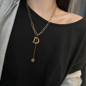 Chic gold titanium steel necklace with a bold letter D pendant on chunky oval link chain
