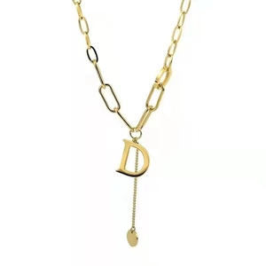 Gold plated titanium steel necklace with letter D pendant and minimalist long link chain