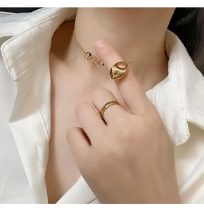 Gros plan d'un collier en titane doré avec pendentif nez de porc et bague minimaliste