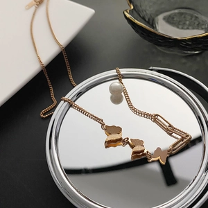 Butterfly Pendant Necklace Titanium Steel Asymmetrical Paperclip Chain Faux Artificial Pearl Frosted Chic Jewelry For Women