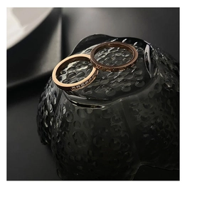 Macro detail of rose gold titanium steel rings with Roman numerals and pavé cubic zirconia