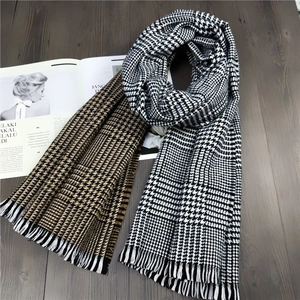 Winter Scarf Faux Cashmere Thickened Warm Houndstooth Plaid Shawl With Tassel Fringe For Women Retro Style