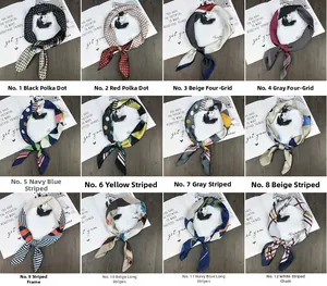 Collage of square silk scarves featuring polka dots and geometric chain prints in various colors