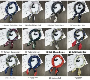 Collage showing 12 varieties of silk square scarves with diverse retro chain patterns