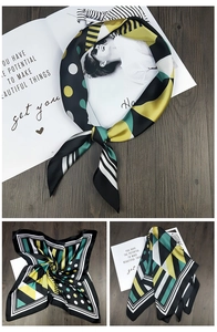 Detailed views of multi-colored geometric print silk scarf with stylish patterns