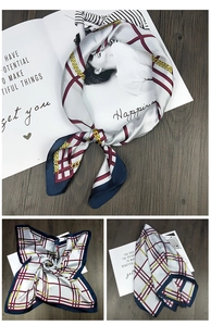 Detailed views of a square silk scarf featuring navy borders and gold chain print patterns