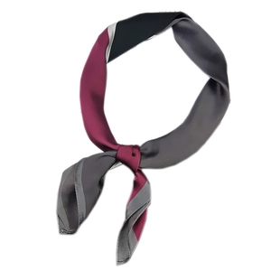Elegant 70cm square silk scarf featuring a stylish burgundy and grey color-block design